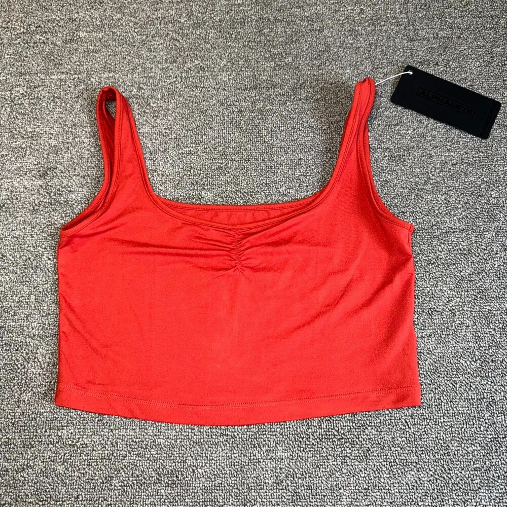 NWT Alphalete Crop Tank Womens Medium Red Ruched Front Logo Stretch Sleeveless